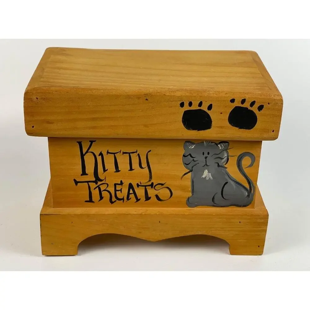 Primitive Wood Kitty Treats Cat Lidded Box; Hand Painted